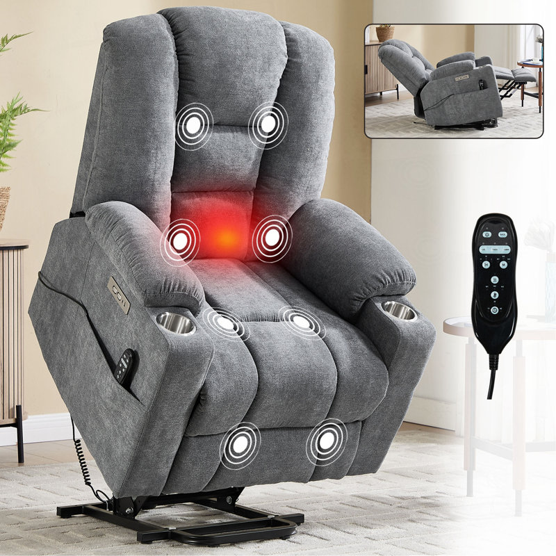 Lift Recliner Chair With Massage And Heat For Elderly, Overstuffed Wide Recliners, Heavy Duty Motion Mechanism With USB And Type C Ports, 2 Steel Cup Holders