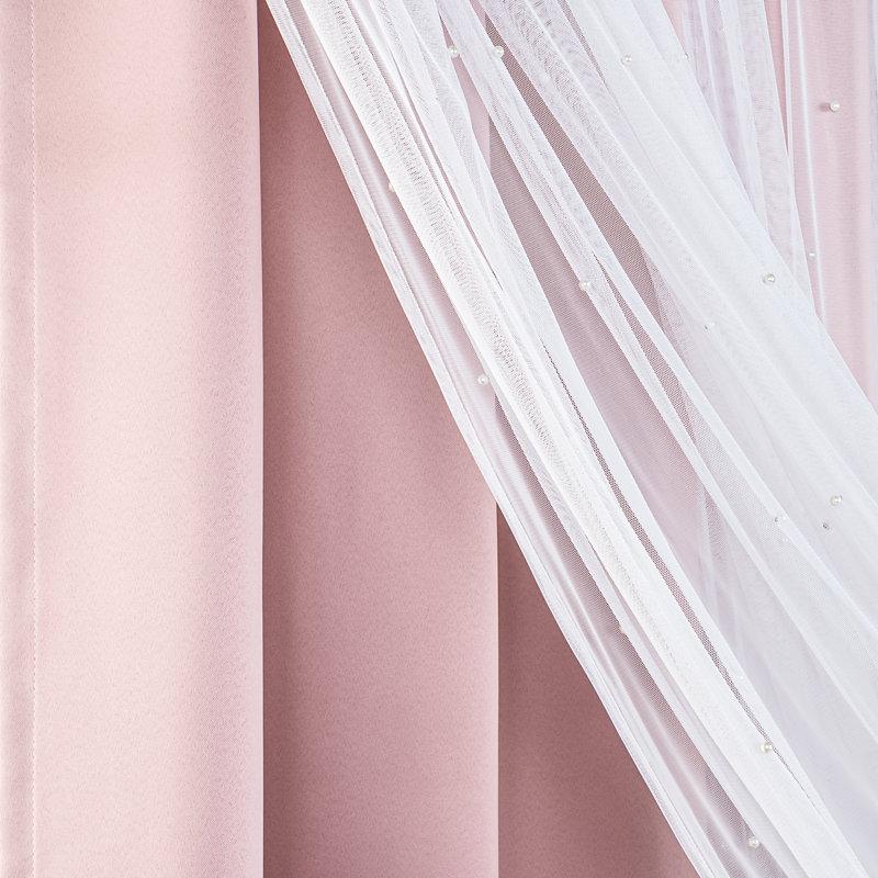 Pearl Beaded Tulle Overlay Room Darkening Grommet Curtains (Set Of 2), Dusty Pink, 52" W x 96" L 