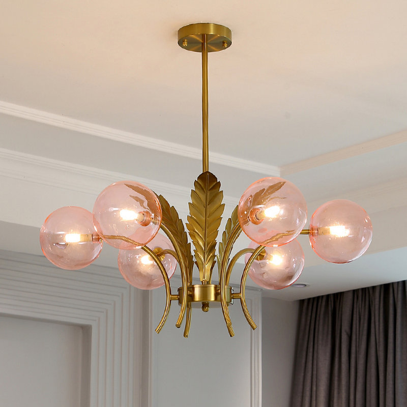 White Glass Post Modern Led Chandelier With Leaf Deco In Brass, Pink