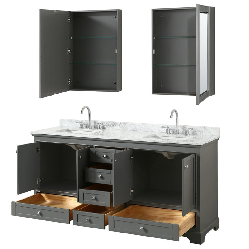 Deborah 72'' Double Bathroom Vanity with Marble Top with Mirror, Dark Gray, Matte Black