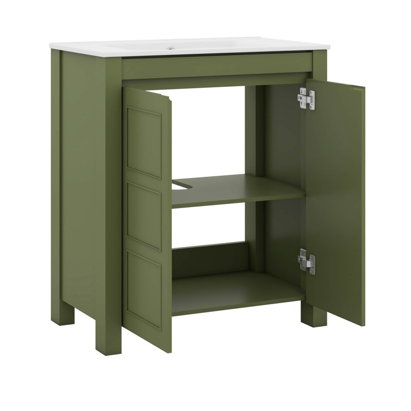 30" Rustic Bathroom Vanity With Ceramic Sink, Soft-Close Doors & Adjustable Shelf, Olive Green