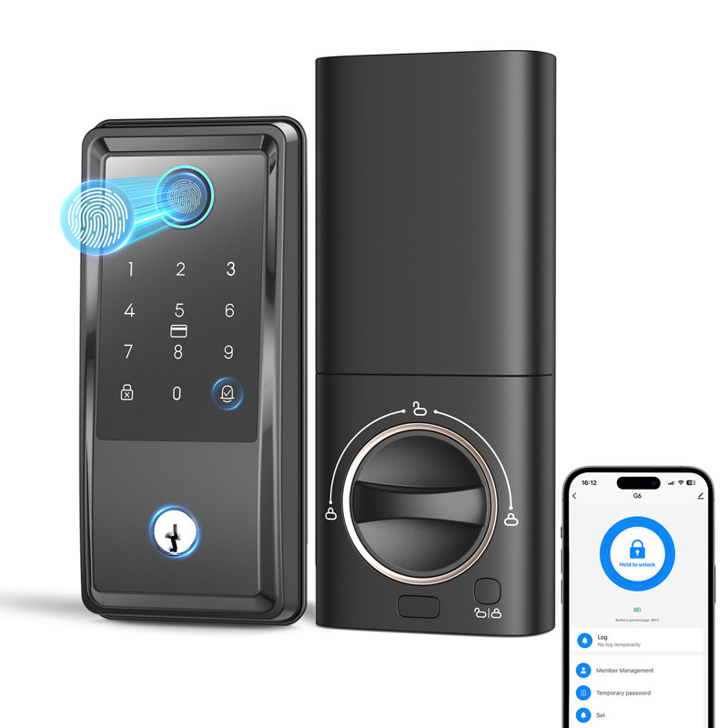 G6 Smart Keyless Entry Door Lock with Handle - APP & 2.4G Wi-Fi Control, Built-in Doorbell, Fingerprint & Keypad, Black