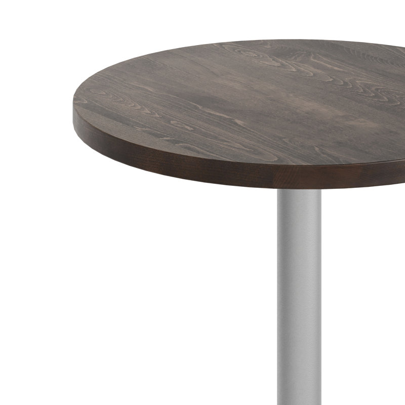 Plateau de table rond en bois massif de 30 po avec base de salle à manger de 18 po, Bois brun foncé, Argent