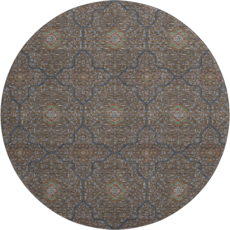 Premium Machine Washable Mayfield AMF2409 Oriental Rug, Chocolate, 8' Round