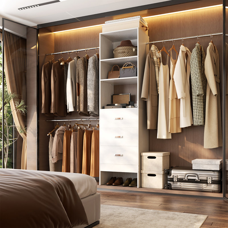 21"-96" Closet System With 3 Drawers And 3 Rods(Can Be Cut To Fit), White