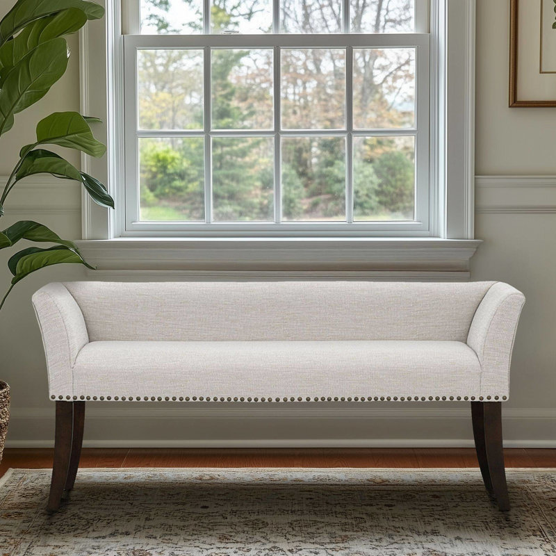 Banc rembourré crème avec tissu à pilules et dossier rembourré, structure en bois massif, pour les sièges d'entrée en mélange de lin