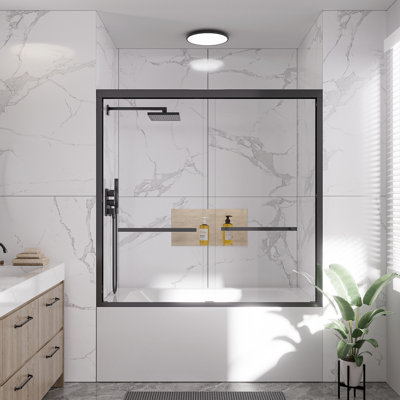 Porte de douche coulissante encadrée 56 "à 60" x 58 ", noir mat, verre trempé transparent de 6 mm, certifié par la CCSC