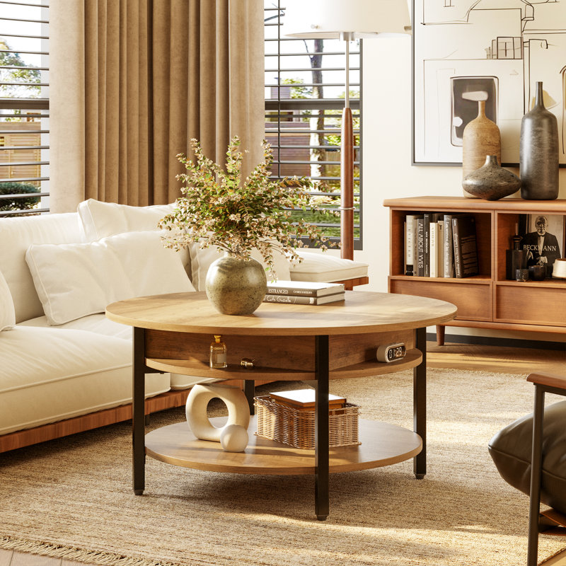 Wynny 27"W Round Lift-Top Wood Coffee Table with Storage, Knotty Oak