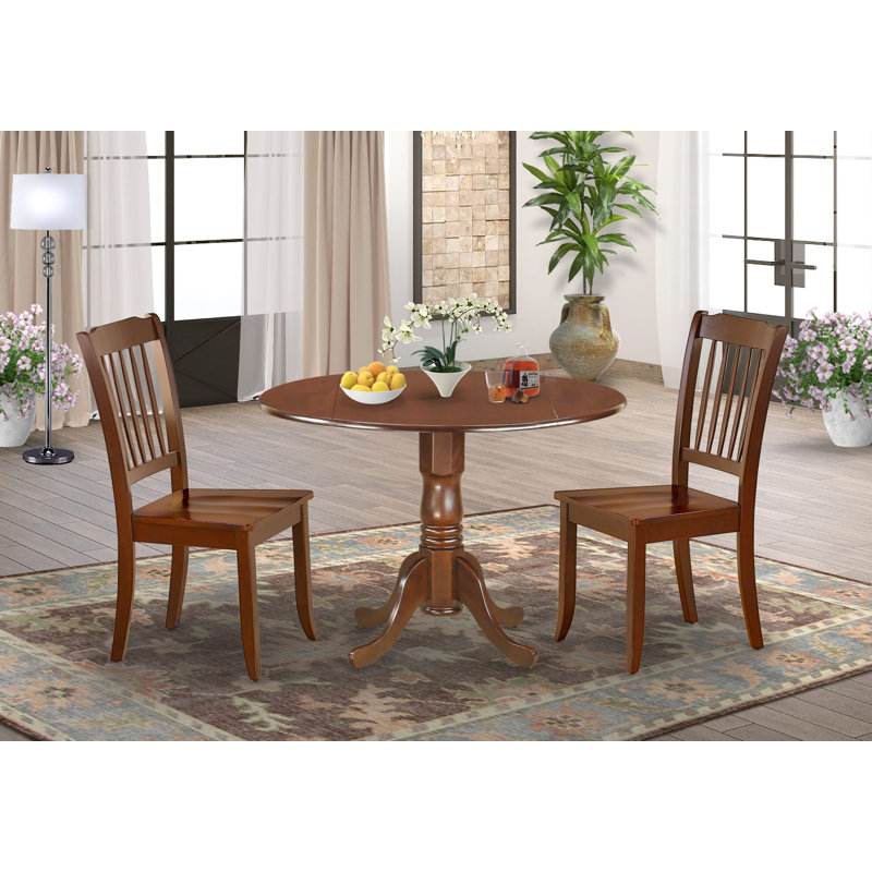 3 Piece Kitchen Table Set for Small Spaces Contains a Round Dining Table with Dropleaf and 2 Dining Room Chairs, Mahogany, 3