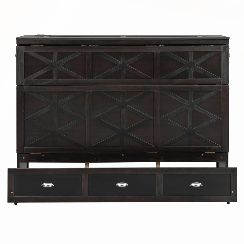 Grand lit escamotable avec grands tiroirs et port USB pour un espace compact et une vie moderne, Espresso