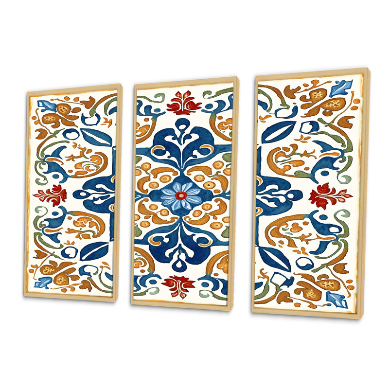«Méditerranée Tiles in Retro Blue VII», reproduction sur toile 3 pièces, H 32 po x l 48 po x P 1 po, Toile avec cadre naturel
