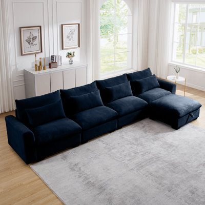 Large L Shape Sectional Corduroy Sofa,Deep Seat Couch with Storage Footstool and 4 Waist Pillows