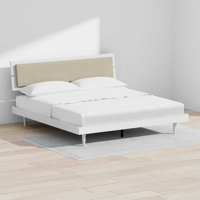 Benoni Wooden Bed With Taupe Cushion, White, King