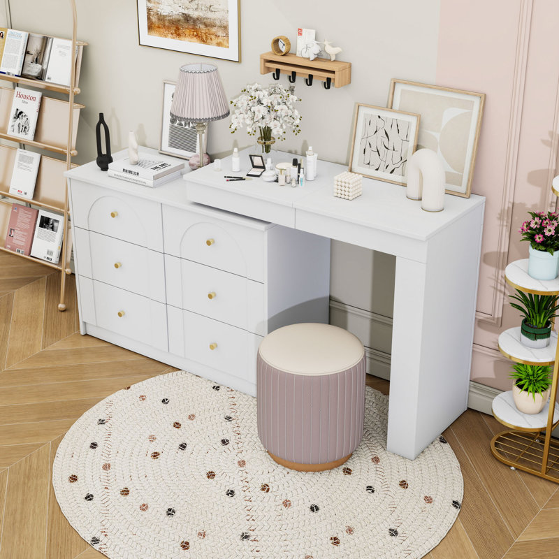 Meuble-lavabo 7 tiroirs avec miroir à DEL, table de maquillage rabattable avec 9 compartiments cachés et 3 tablettes, Blanc