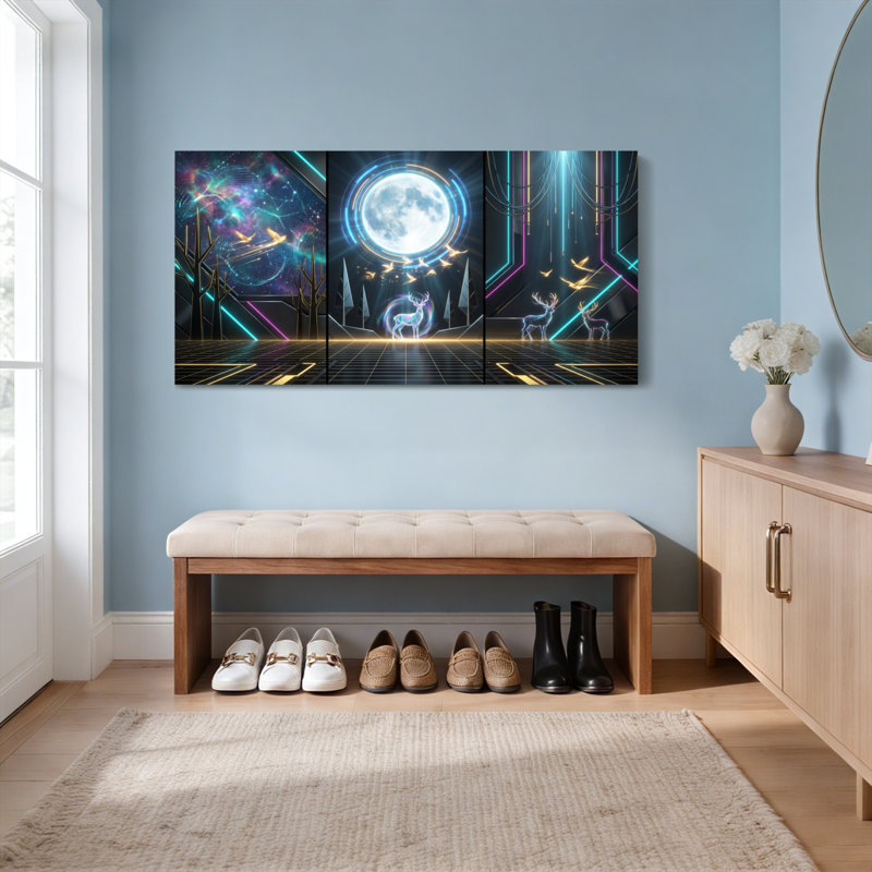 Ensemble de 3 tableaux sur toile tendue représentant un paysage futuriste avec des cerfs néon, la lune et la galaxie