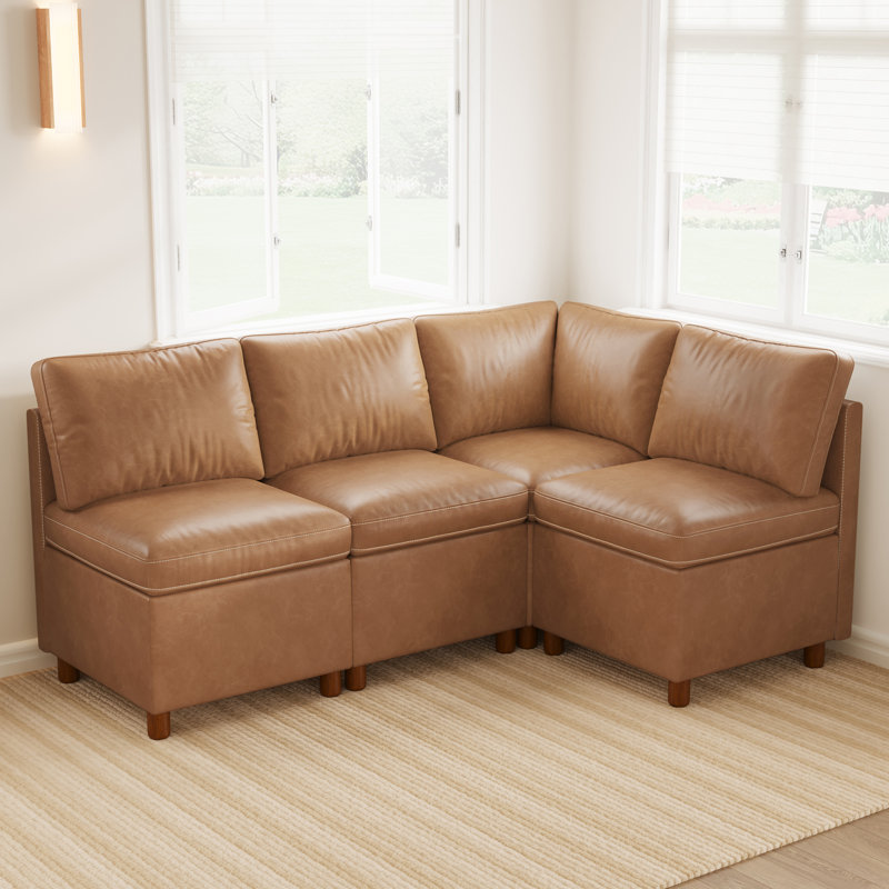 Banquette de coin modulaire avec rangement, banc rembourré pour 4 personnes, similicuir résistant aux égratignures, Brun