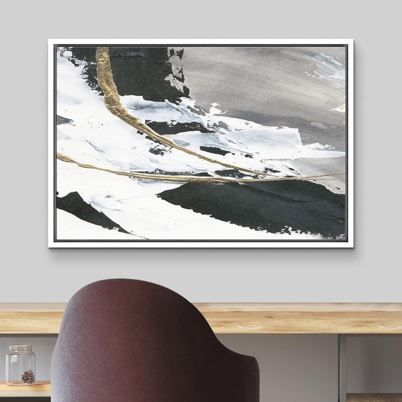«Gold Black Paint Stroke Abstract Landscape on Canvas», reproduction d'art sur toile, Cadre flottant blanc
