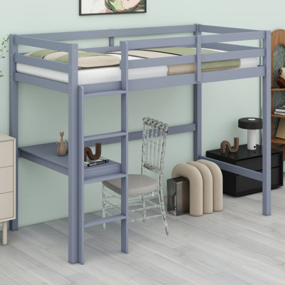 High Wood Loft Bed, With Safety Guardrail, Built-In Desk, Ladder