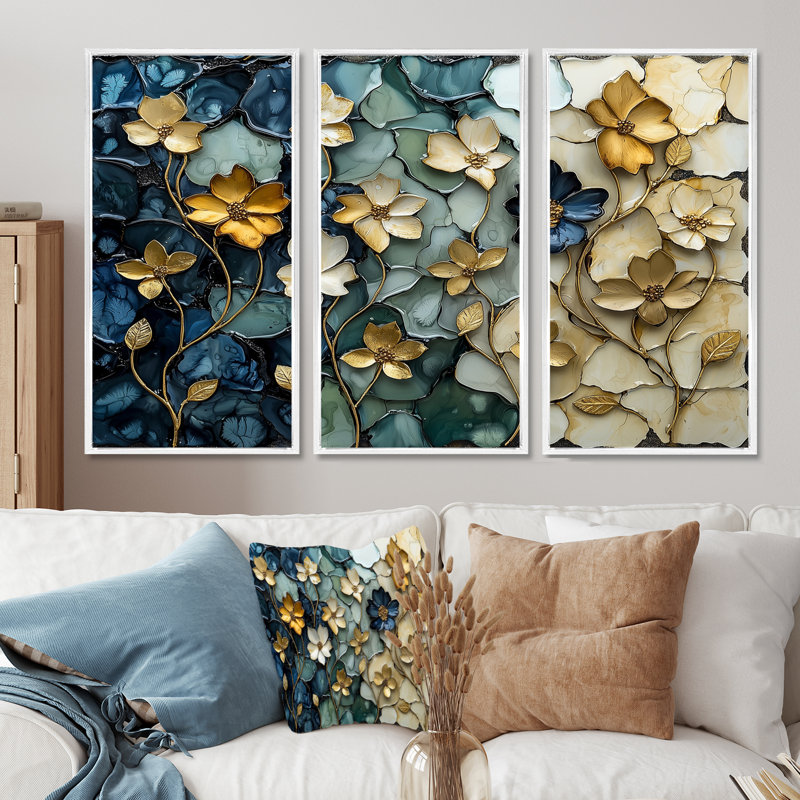 Ensemble de salon art mural bleu et bleu coquelicots Wilderness Poppies, Métal métal, H 40 po x l 60 po x P 1 po