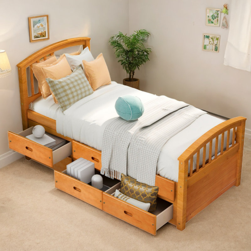 Structure de lit simple en pin massif Herminio avec tiroirs et lit de rangement à lattes, Chêne