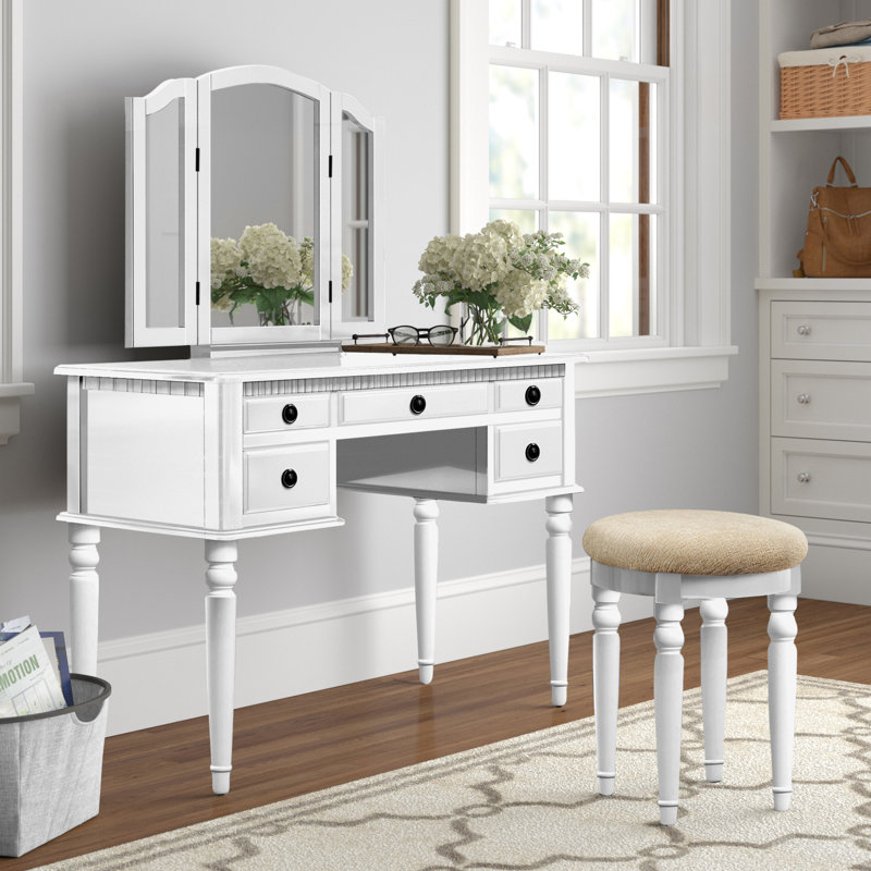 Coiffeuse avec miroir Torrance, Blanc brillant