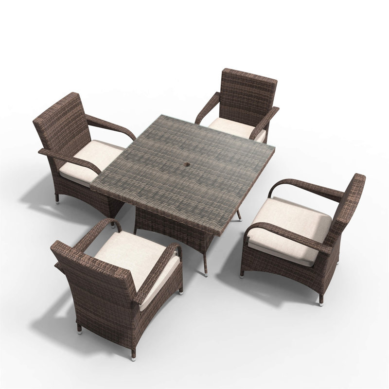 Abrihome 5-piece Outdoor Dining Set With Square Table In Pe Wicker And Cushions, Brown/Beige