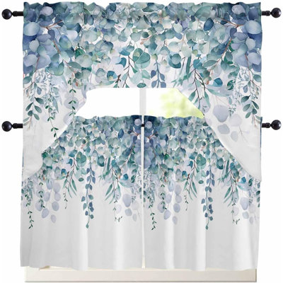 Ensemble de cantonnières et cantonnières à ressorts à motif de feuilles d'eucalyptus printanier bleu
