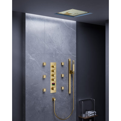  Système de douche thermostatique à DEL Mood Lighting, robinet de douche à pluie de plafond 16 "avec valve en laiton