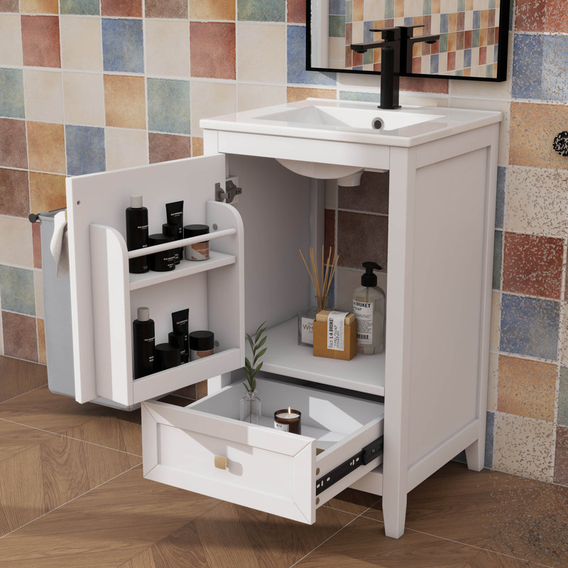 Meuble-lavabo en bois massif de 20 po avec lavabo, armoire autoportante, porte à fermeture douce, support de rangement, tiroir