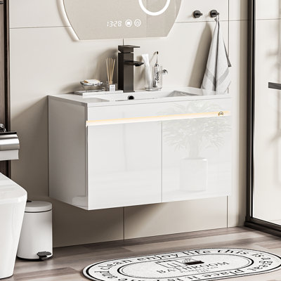 Bathroom Vanity W/sink Combo, High Gloss Bathroom Cabinet, Smart Wall Mounted Sink Cabinet Auto Motion Sensor Led Light, Modern Floating Vanity With Faucet