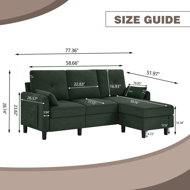 Elmaleh 3 - Piece Upholstered Sectional, Green Polyester Blend