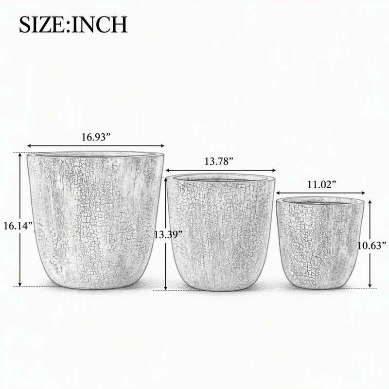 Ensemble de 3 pots de fleurs ronds en béton avec trous de drainage et bouchon en caoutchouc, texture pierre craquelée, en plastique MGO, pour intérieur, extérieur, terrasse, jardin ou balcon.