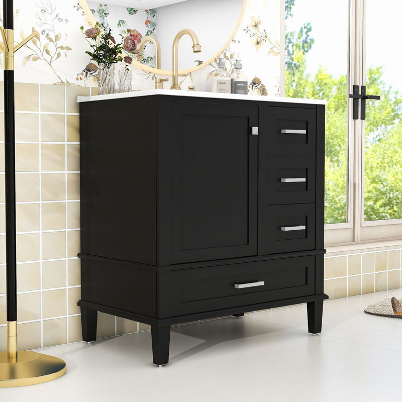 Ensemble de meuble-lavabo 30 po avec lavabo en céramique, armoire de rangement et 3 tiroirs, Noir