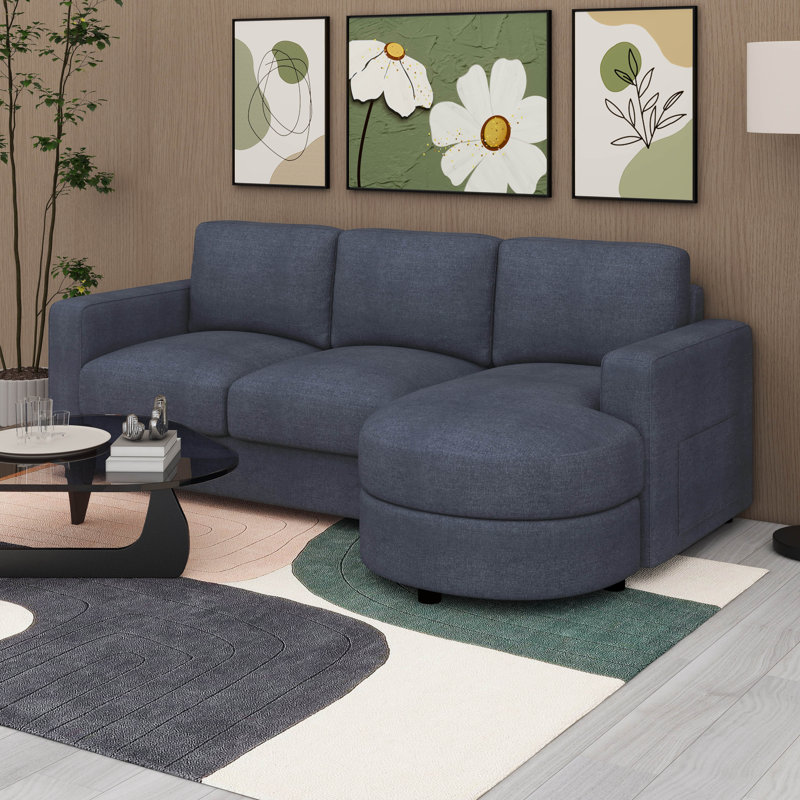 Canapé moderne en L avec méridienne incurvée, ports USB et poches de rangement latérales, Bleu