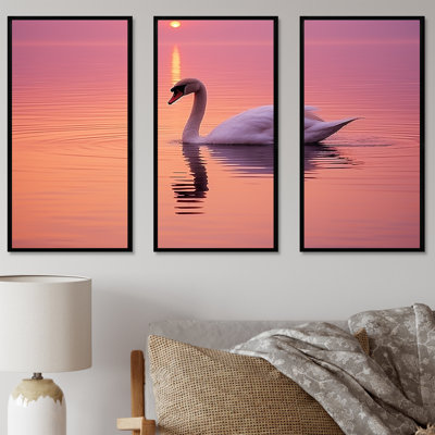 Corail, cygne au crépuscule I - cygne, ensemble d'art sur toile