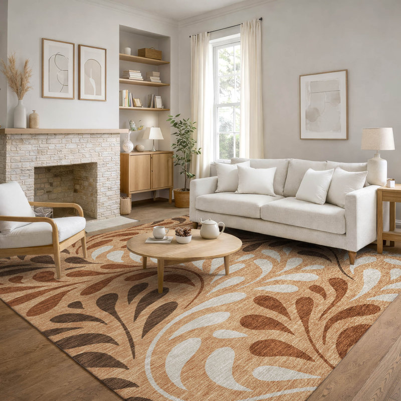Premium Machine Washable Mayfield AMF2411 Floral Rug, 5' x 7'6", Copper