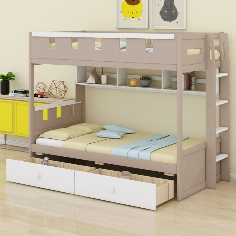 Lit superposé de style château pour enfants avec tablette intégrée, 2 tiroirs et éclairage DEL, Lit simple, Blanc