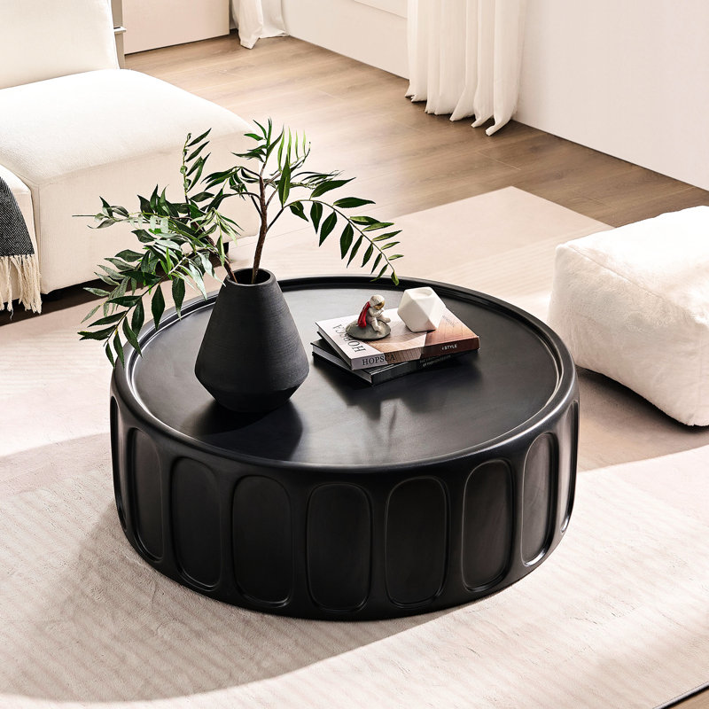 Table basse ronde en fibre de verre 35,13 po, noir mat, style moderne, sans assemblage pour le salon, le bureau, ronde noire, nécessaire