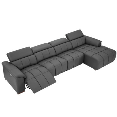 Modern 4 Seats Electric Control L Shaped Genuine Leather Couch With Retractable Footrests, Elephant Ears And Functionality Wall - Reclining 170 Manual Control, 5 Position Pillow Legs Design