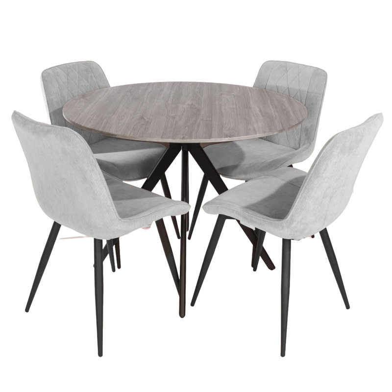 Aspen 5-Piece Casual Dining Set - Large Round Table with 4 Upholstered Diamond Stitch Fabric Chairs, Light Grey, Grey Oak