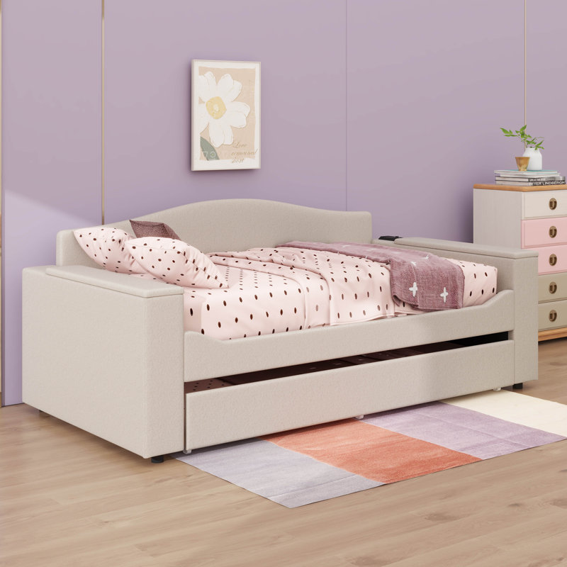 Lit de jour rembourré avec accoudoirs de rangement gigogne et audio Bluetooth avancé, Beige