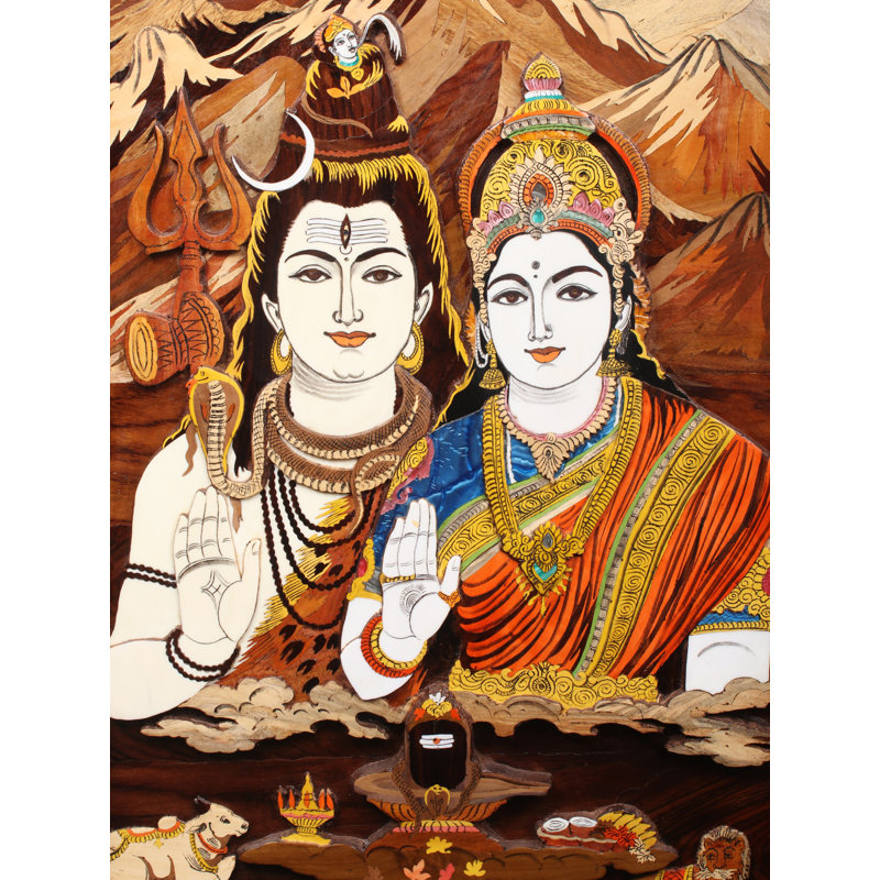 36 "seigneurs Shiva et déesse Parvati couleur naturelle sur panneau de bois incrusté - Art mural traditionnel indien spirituel traditionnel