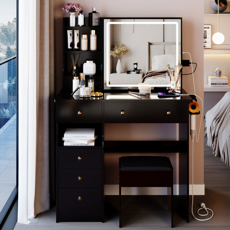 Ensemble de coiffeuse 37 po avec commode gauche et tabouret coussiné