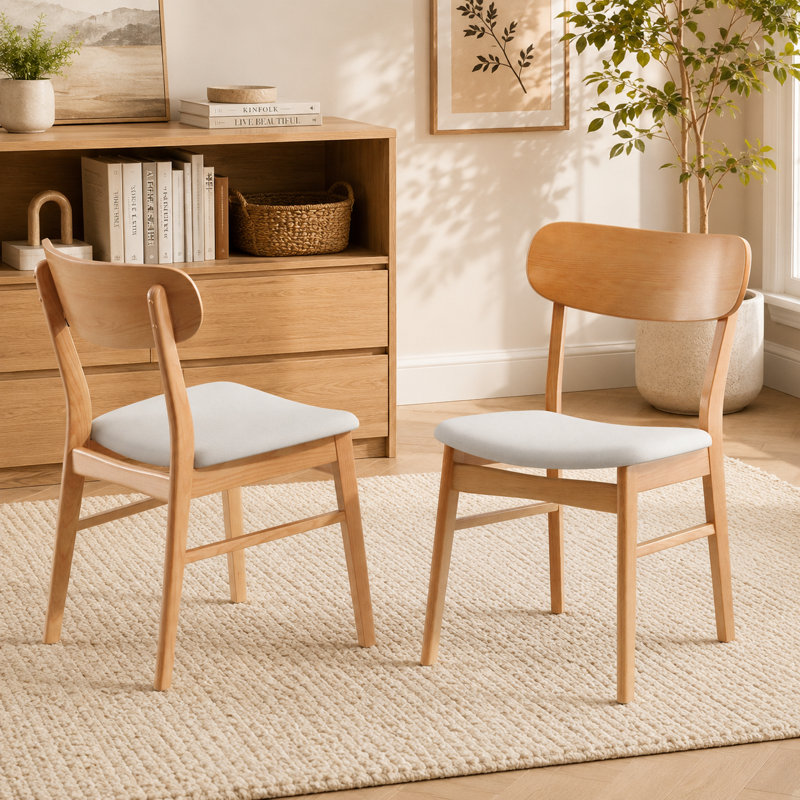 Ensemble de 2 chaises de salle à manger rembourrées en bois d'hévéa avec dossier incurvé, Light Beige
