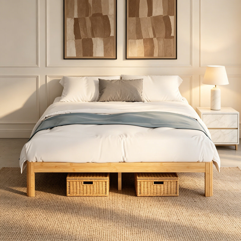 Cadre de lit double en bois massif de 12 po, cadre de lit plateforme avec espace de rangement sous le lit, aucun sommier requis, assemblage facile, jaune clair