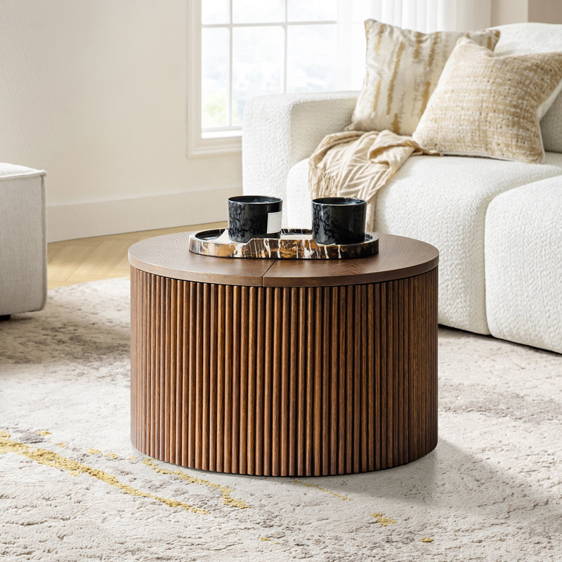 Modern Fluted Round Flip Top with Storage Coffee Table, Walnut