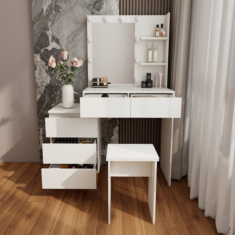 Coiffeuse avec miroir à DEL et coiffeuse de beauté blanche avec tiroirs de rangement, tabouret assorti et compartiments de rangement pour les pinceaux de maquillage et les cosmétiques