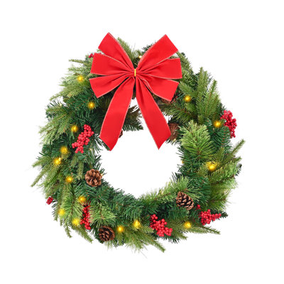 24 Inch Pre-Lit Christmas Wreath with Warm White LED Lights, Artificial Evergreen Wreath with Pine Cones, Red Berries and Holly Leaves for Front Door Fireplace Holiday Decor