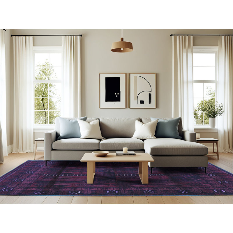 Tapis oriental en laine / polyester tissé à la machine en bleu / mauve, Rectangle 6 pi x 9 pi