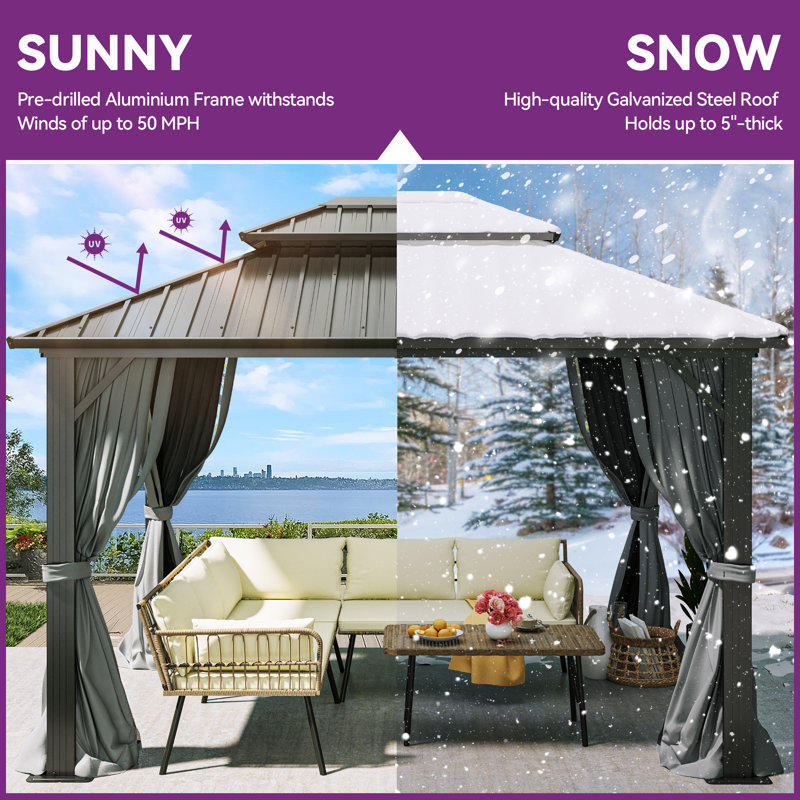 Outdoor Aluminum Hardtop Patio Gazebo with Curtain and Netting, 12 ft x 10 ft